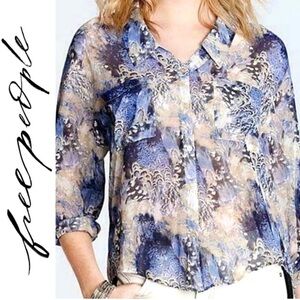 {Free People} "Easy Rider" Blue Floral Chiffon Button Down Top